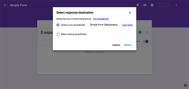 Choosing a response destination for Google Forms