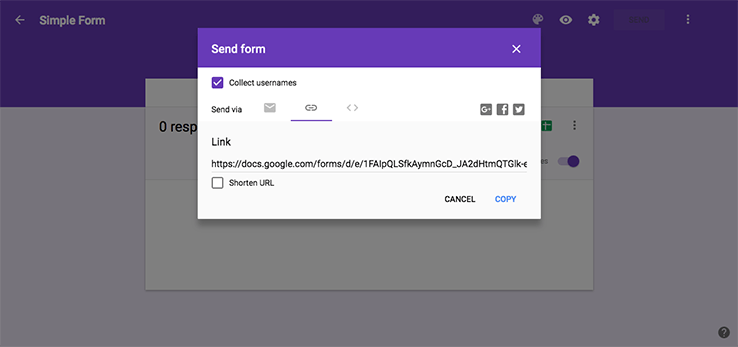 Using the link to add the Google Form