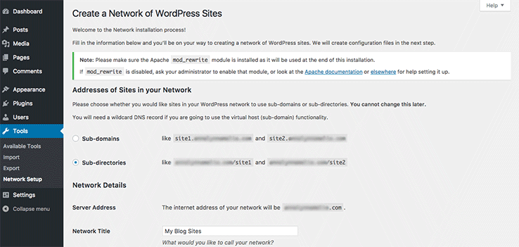 Creating a network of sites on a fresh WordPress installation