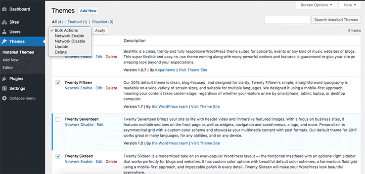 Enabling themes for all the sites on the network