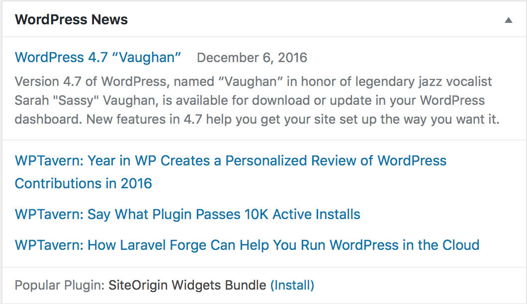 An example of how the WordPress news widget is presented.