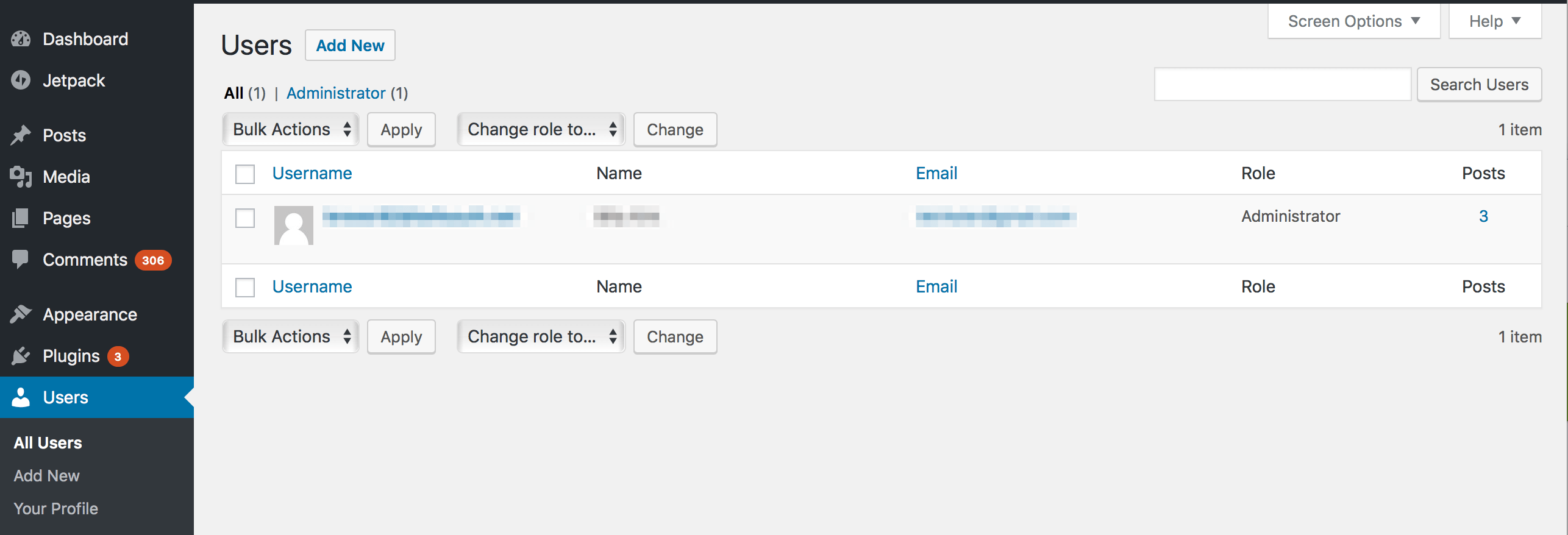 A close-up of the WordPress users panel.