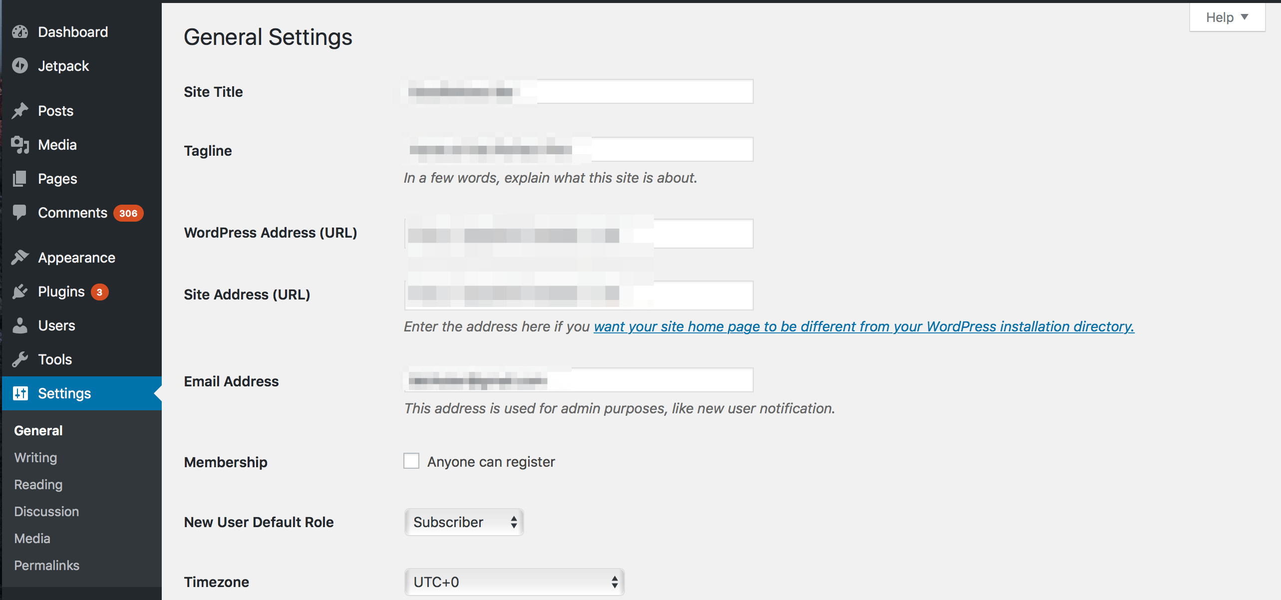 A glance at the WordPress settings panel.