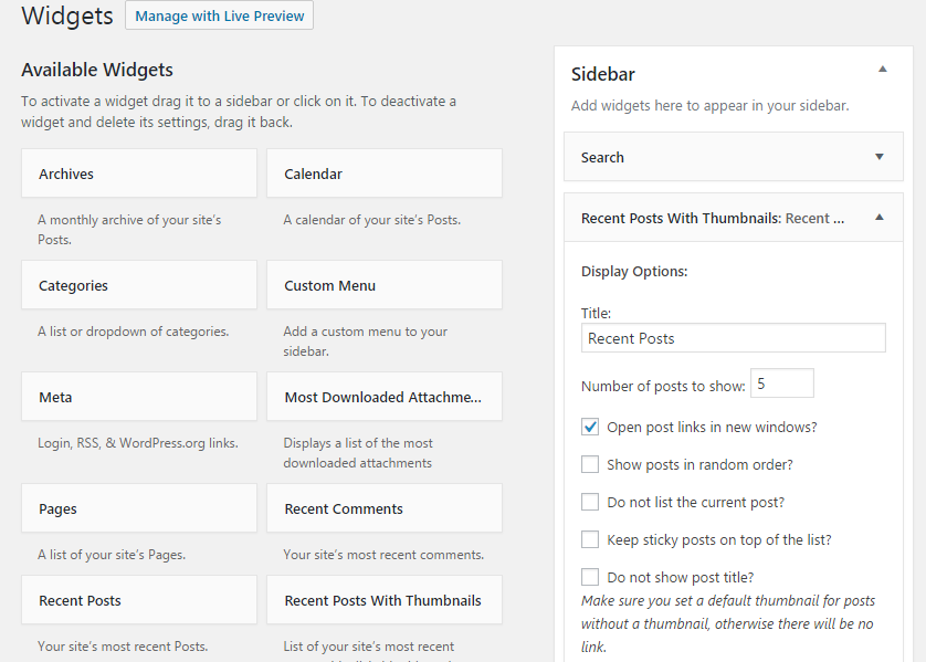 Settings screen for Recent Posts Widget with Thumbnails