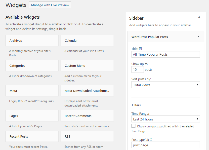 WordPress Popular Posts configuration options.