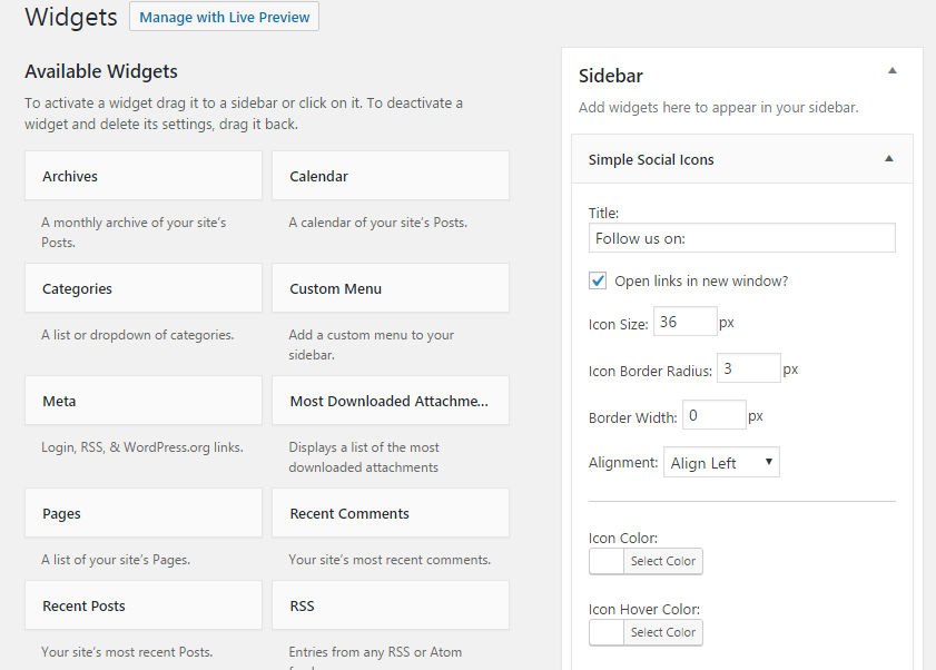 Simple Social Icons configuration options.