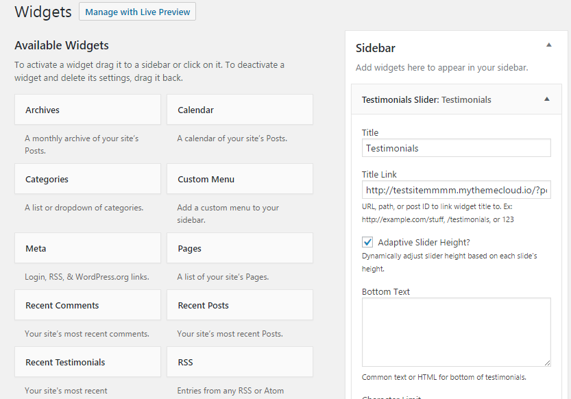 Configuration options for Testimonials Widget.