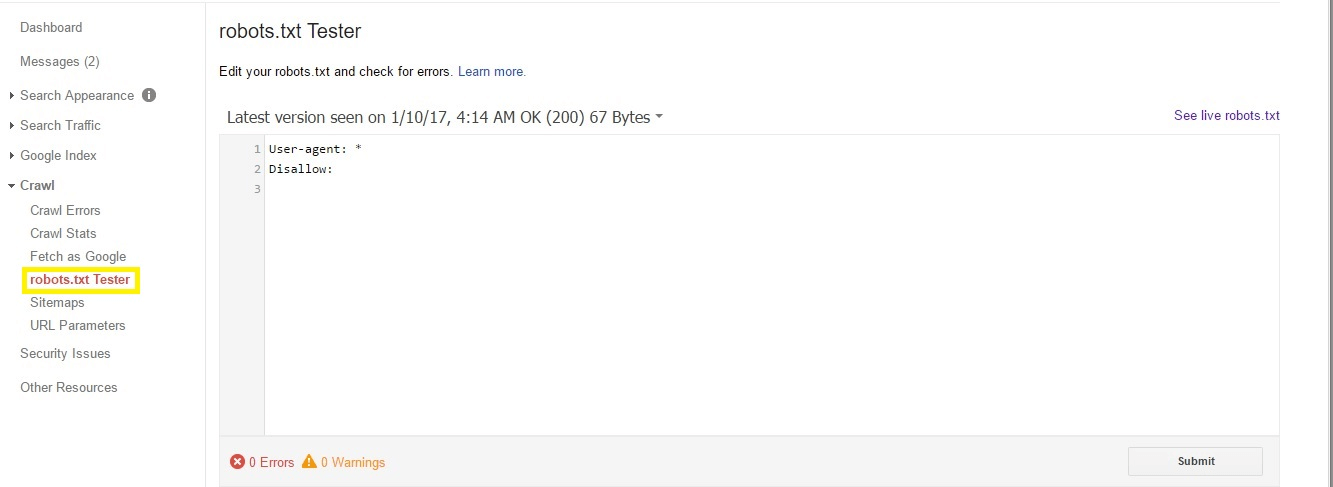 Google Console Robots.txt file Tester